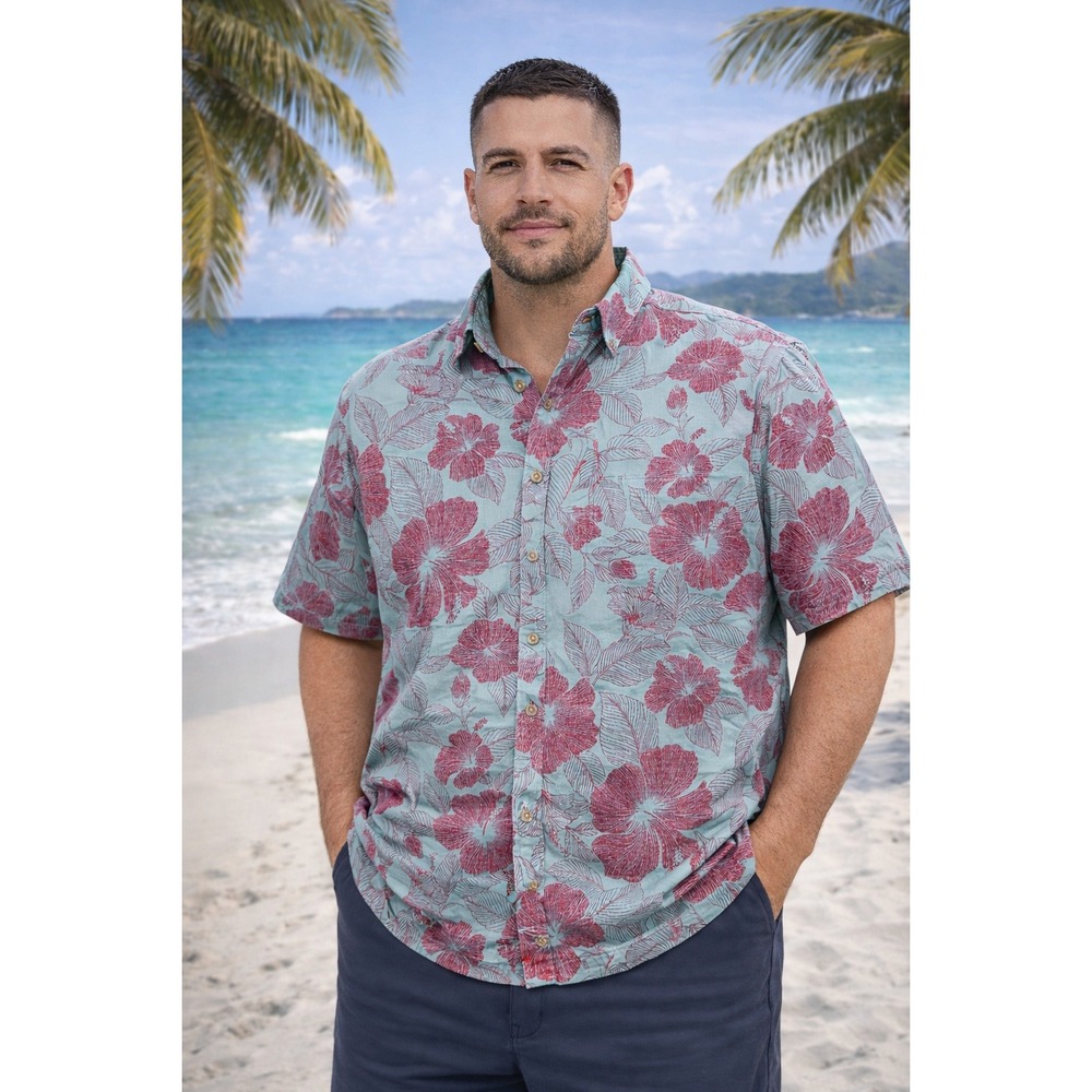 Cooke Street Hawaiian Islands Shirt Mens L 100% Cotton Hibiscus Floral Blue Red